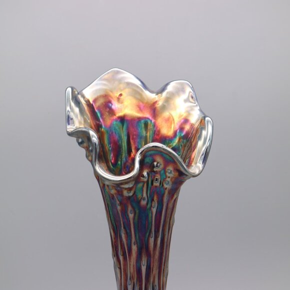 Fenton Carnival Glass 13" Flower Swung Vase Iridescent Blue April Showers - Picture 2 of 8